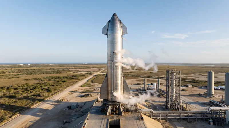 A massive silver Starship rocket stacked on its Super Heavy booster at a launch pad, venting white cryogenic vapor.