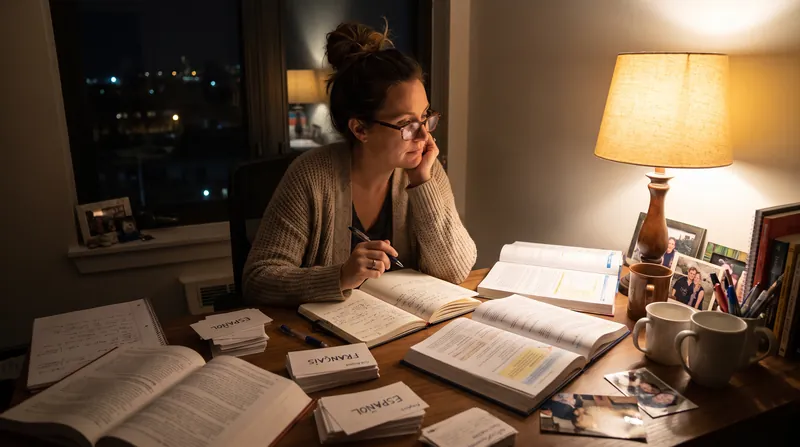 An adult woman sits at a desk surrounded by language textbooks, looking thoughtfully at her notes under a warm desk lamp.
