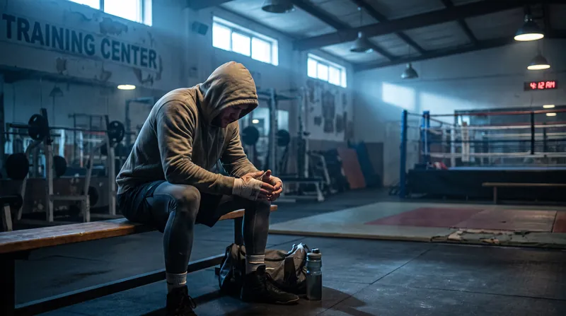 A tired athlete sitting on a gym bench in a dimly lit training facility looking exhausted.
