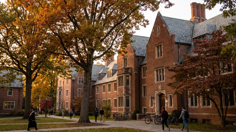 The brick exterior and surrounding trees of the Institute for Advanced Study campus in Princeton, New Jersey.