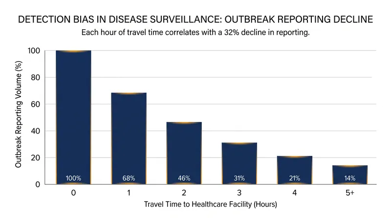 Outbreak reporting drops by nearly a third for every additional hour of travel time to a healthcare facility, masking the true spread of emerging diseases.