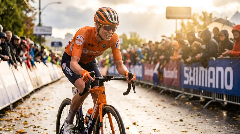 Demi Vollering riding a road bike in the orange Dutch national team jersey during a race.