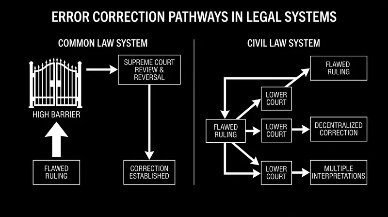 Civil law systems allow lower courts to ignore a single flawed supreme court ruling, preventing errors from locking into the system.