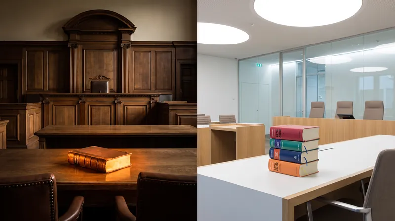 A split image contrasting a traditional wood-paneled courtroom with a modern, brightly lit European tribunal.