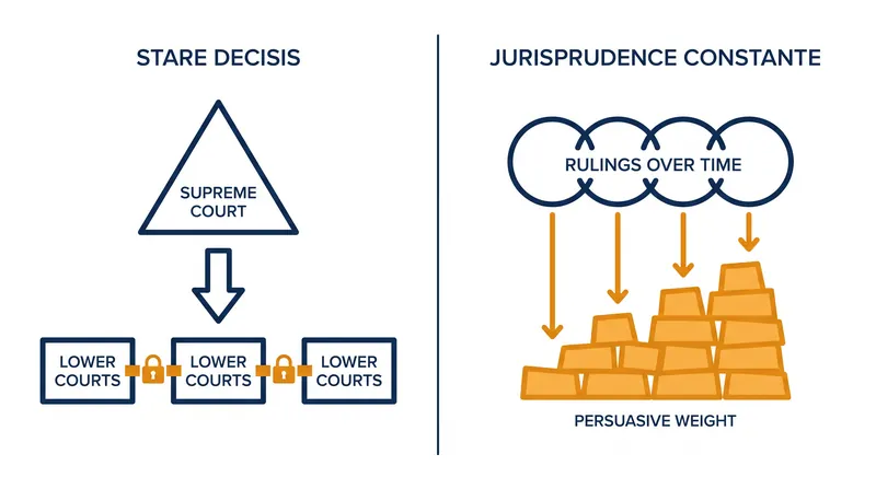 Stare decisis binds lower courts immediately, while jurisprudence constante requires a sustained consensus.