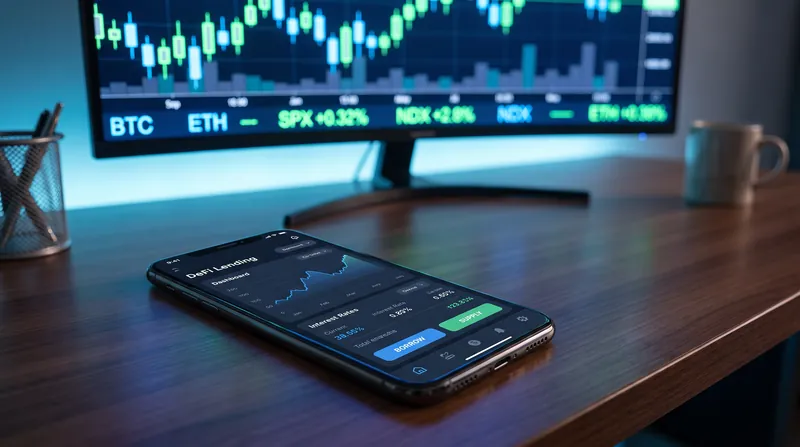 A smartphone showing a financial application interface sits on a desk in front of stock charts.