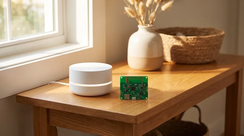 A modern smart home hub and a circuit board with an antenna trace sitting on a wooden table.