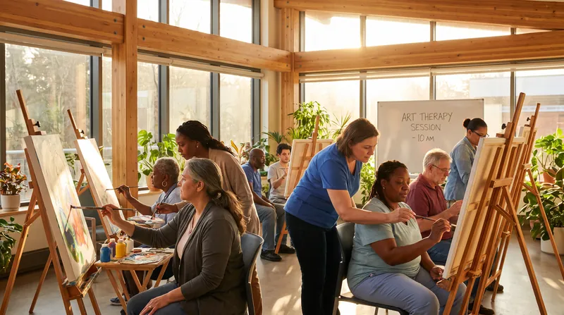 A diverse group of patients painting on canvases during an art therapy session in a hospital.