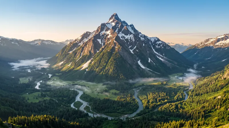 A massive, snow-capped mountain peak rising independently from a deep, green valley, completely isolated from surrounding ridges.