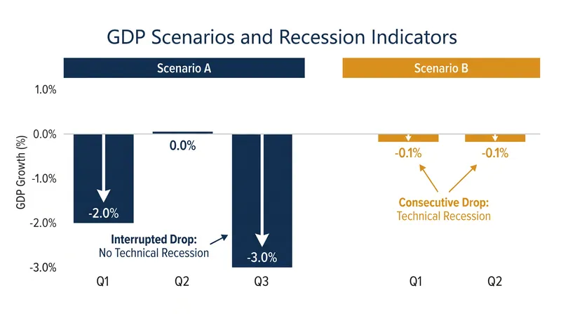 Because the two-quarter rule requires consecutive declines, a flat quarter can reset the clock on a severe economic contraction.