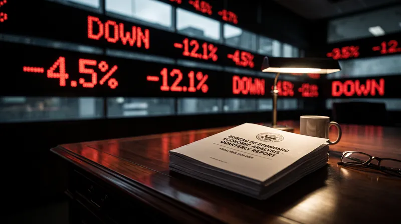 A printed government economic report showing negative GDP figures resting on a dark wooden desk, with a blurred digital stock ticker in the background.