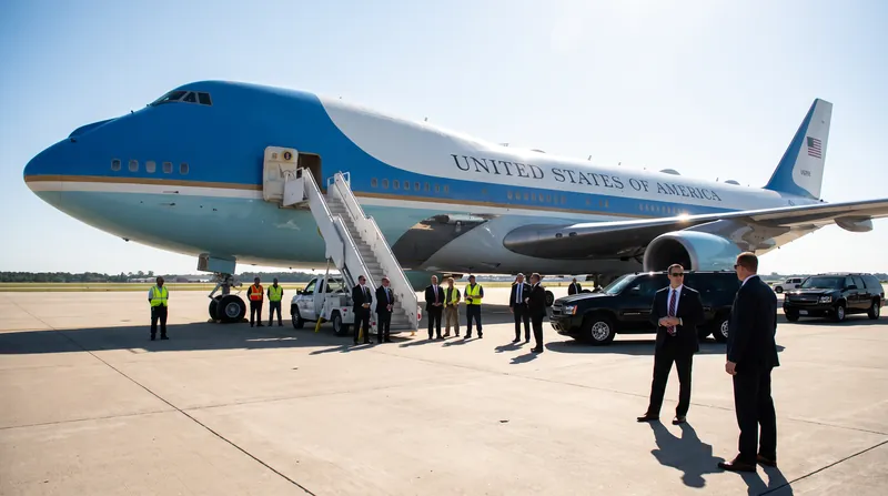 Air Force One parked on an airport tarmac with ground crew and security personnel nearby.