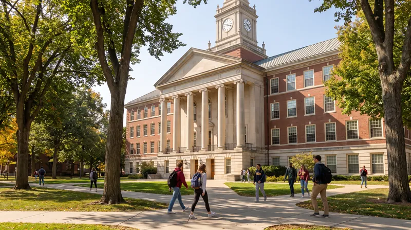Exterior view of a traditional university administration building with columns and brick facade on a sunny day.