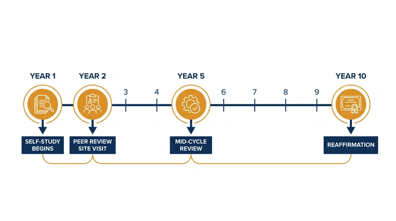 A standard comprehensive accreditation review operates on a decade-long cycle.