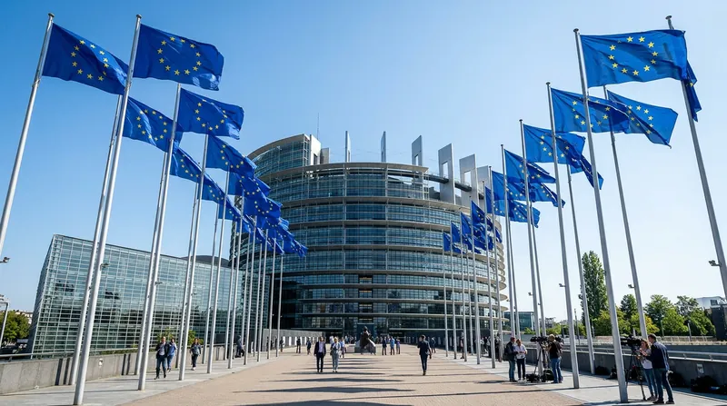 A split conceptual image showing the European Parliament building and a modern Chinese technology hub.