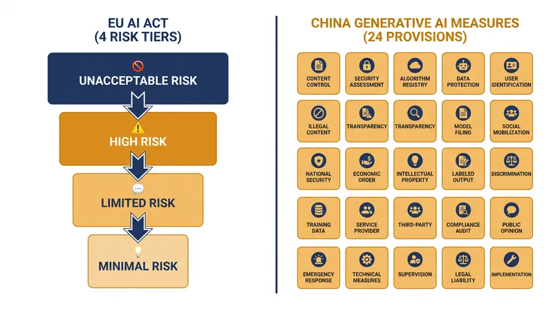 The EU relies on a horizontal risk-based pyramid, while China employs targeted, vertical provisions.