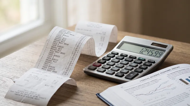A long printed grocery receipt lying next to a desktop calculator and a central bank economic report.