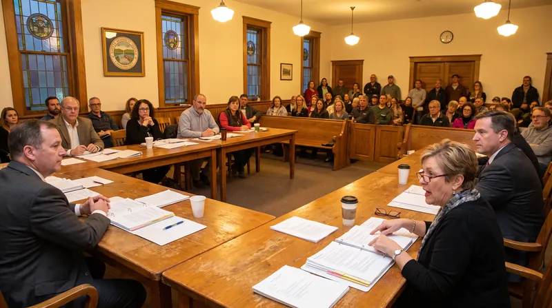 Citizens and local officials seated around a large wooden table reviewing documents during a town hall meeting.
