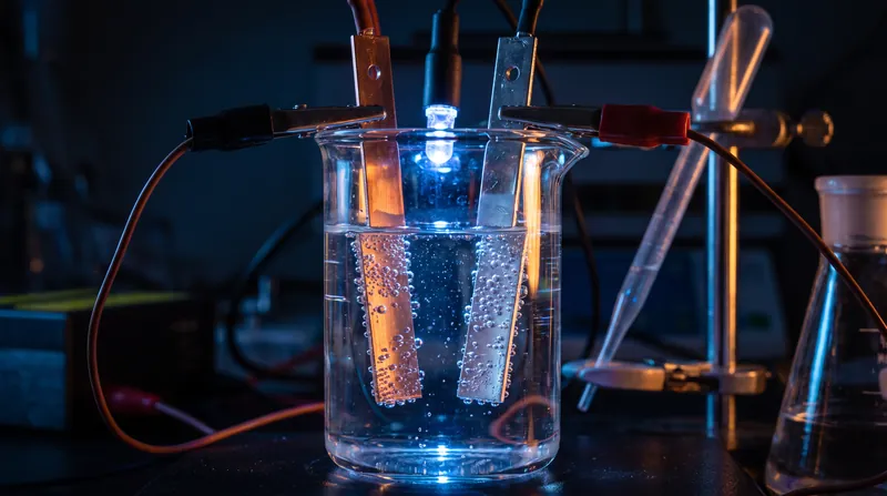 Close-up view of an electrochemical cell with bubbles forming on submerged metallic electrodes in a laboratory.