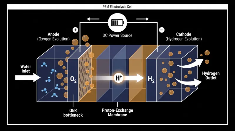 The oxygen evolution reaction at the anode is the primary bottleneck in green hydrogen production.