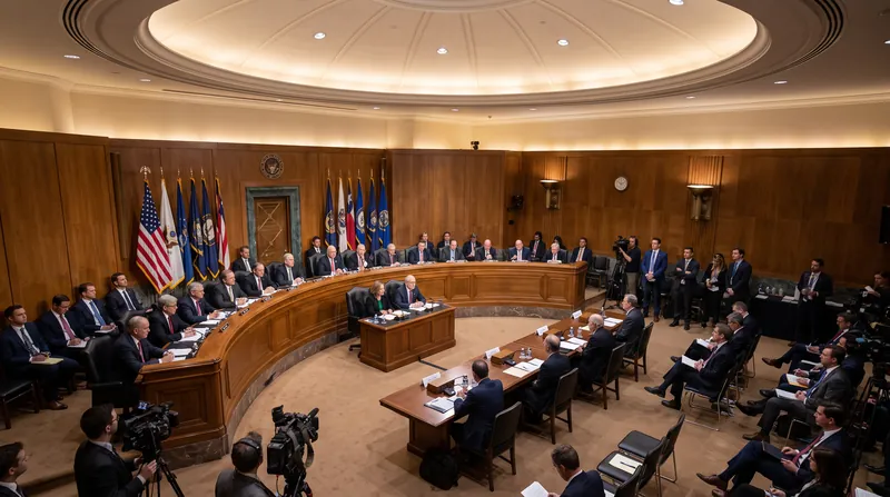 A wide view of a U.S. Senate committee hearing room with senators seated at a curved wooden dais.