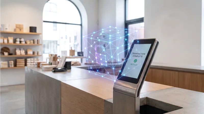 A modern retail payment terminal displaying a completed transaction with a subtle digital network graphic overlay.