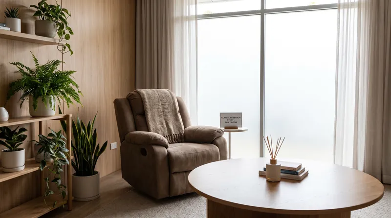 A modern, softly lit clinical therapy room with a reclining chair and natural wood accents.