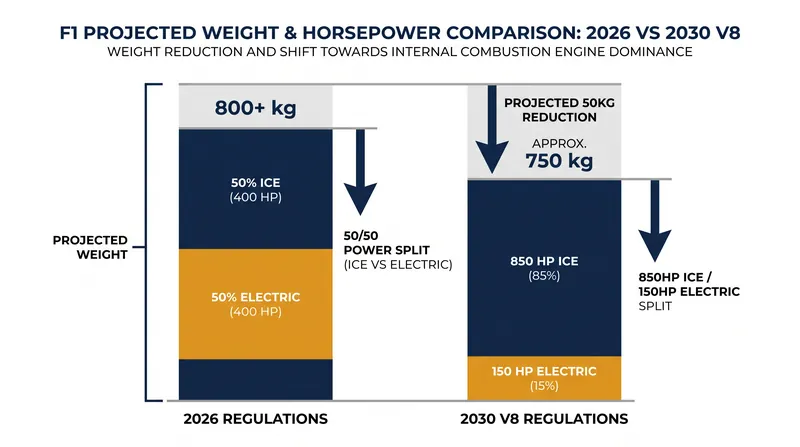 The 2030 V8 regulations aim to slash the weight of the cars while shifting the power balance back to the internal combustion engine.