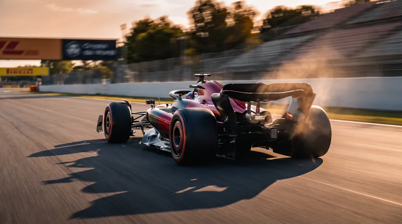 A Formula 1 car speeding down a track, with heat haze rising from the rear exhaust.