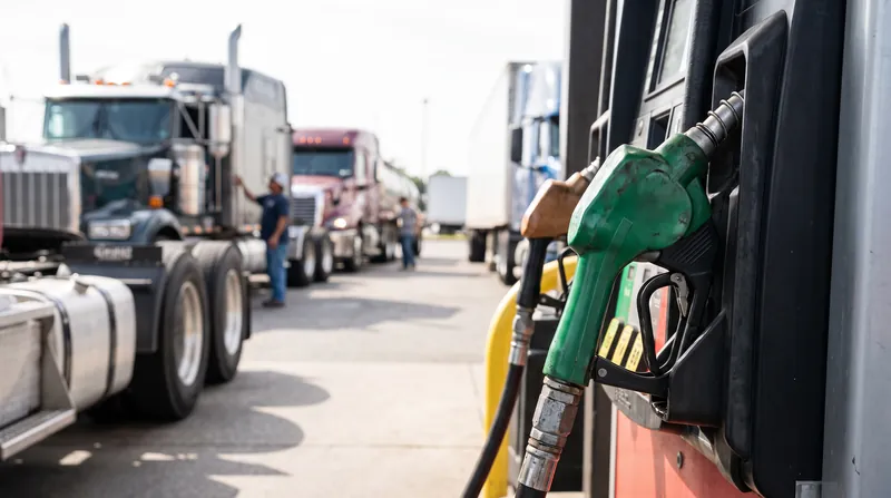 A close-up view of a green diesel fuel pump nozzle at a commercial truck stop.