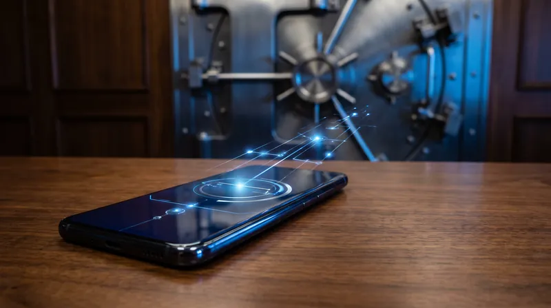 A modern smartphone displaying a financial interface rests on a desk with a bank vault behind it.