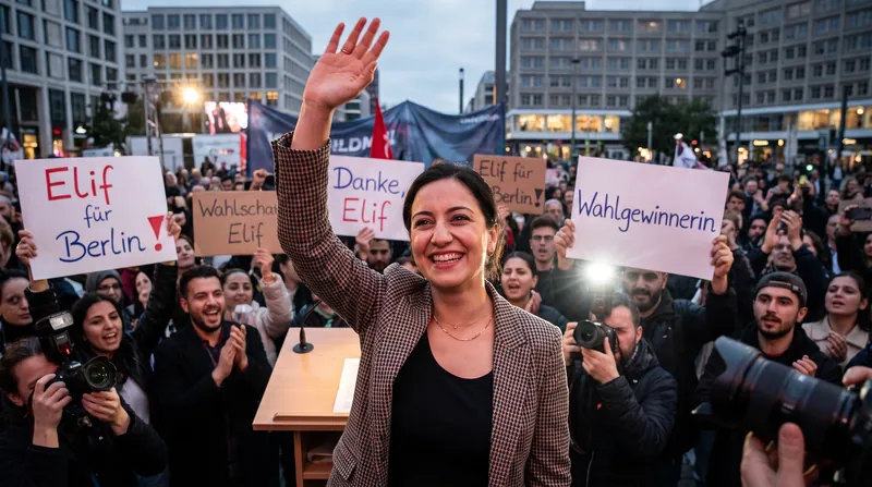 Elif Eralp smiling and celebrating her election victory in Berlin with supporters in the background.