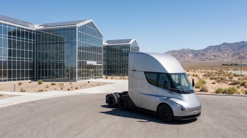A white Tesla Semi electric truck parked outside a large modern manufacturing facility in Nevada.