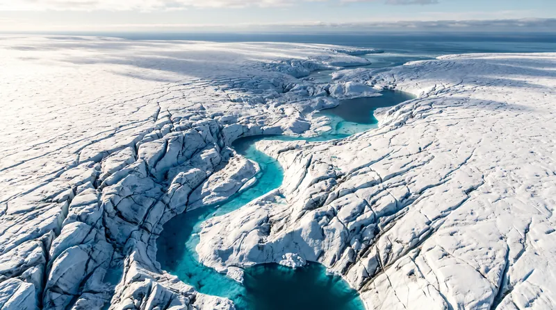 Aerial view of a bright blue meltwater river flowing over the fractured white surface of the Greenland Ice Sheet.