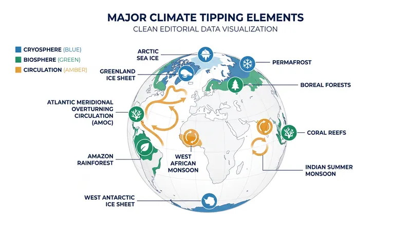 The nine major biophysical systems identified as highly sensitive tipping elements.