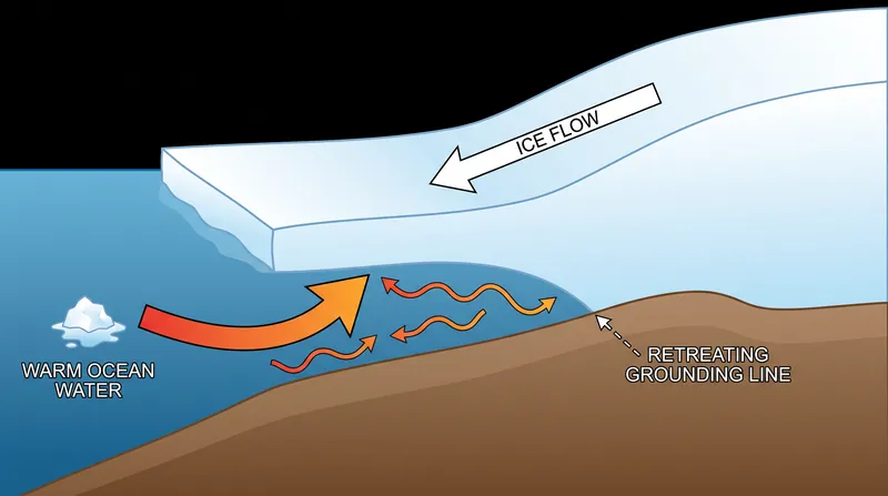 Marine ice sheet instability threatens the West Antarctic Ice Sheet as warm water melts it from below.