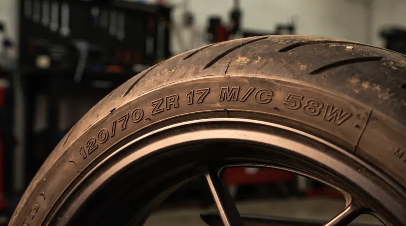 Close-up of a motorcycle tire sidewall showing the raised text 120/70 ZR 17 M/C 58W.