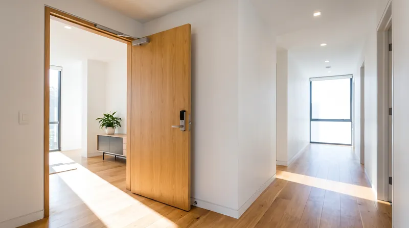 A wide, wheelchair-accessible wooden residential door standing open at a 90-degree angle in a brightly lit hallway.