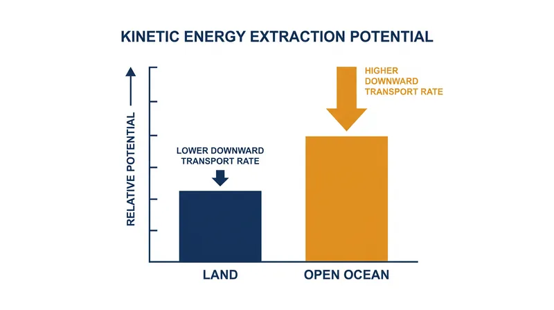 Open oceans allow for faster downward transport of kinetic energy, increasing extraction potential.
