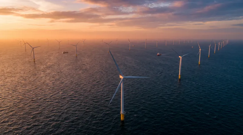 Aerial view of a massive offshore wind farm stretching into the horizon over a deep blue ocean.