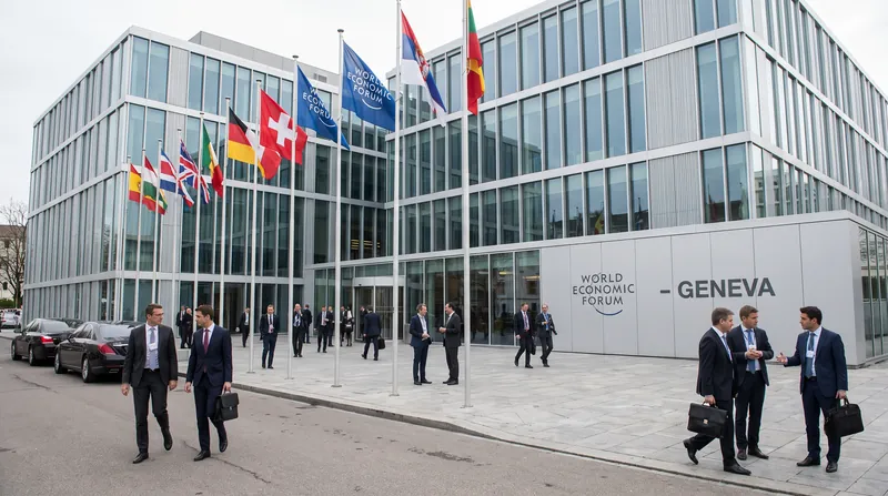 Exterior view of the World Economic Forum headquarters building in Geneva, featuring modern architecture and official signage.