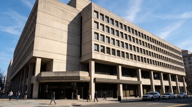 Exterior view of the concrete FBI headquarters building in Washington D.C. under a clear sky.