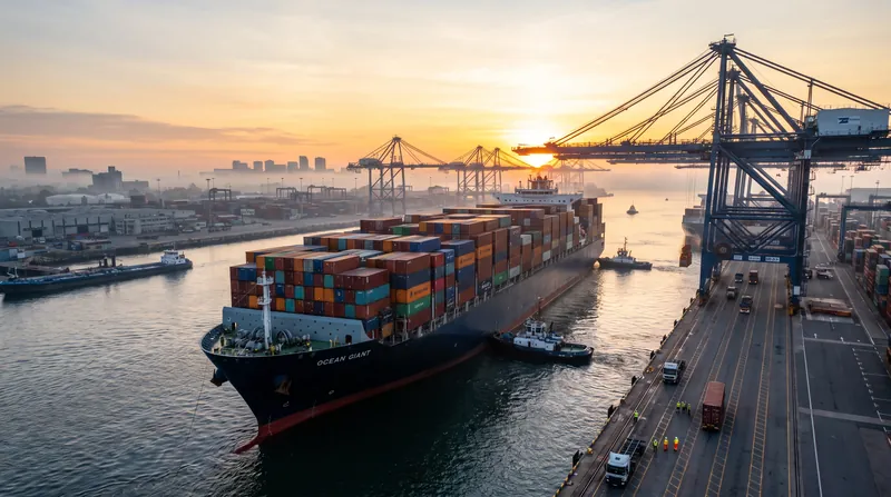 A large cargo ship loaded with colorful shipping containers docked at an international port at sunrise.