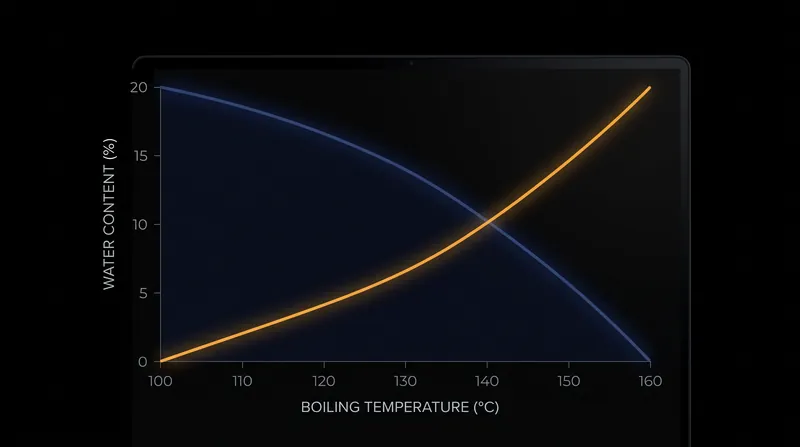 As the boiling point rises, the remaining water percentage drops exponentially.