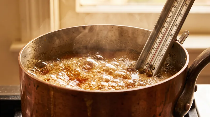 A heavy copper saucepan filled with bubbling, golden sugar syrup and a clipped stainless steel thermometer.