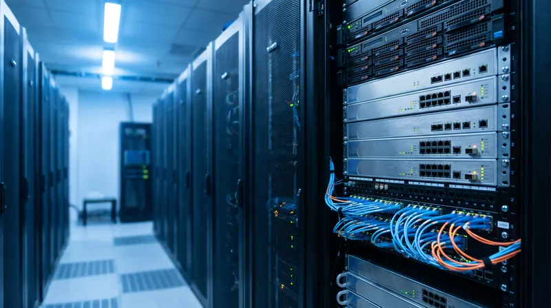 A brightly lit enterprise data center aisle focusing on a rack of network security appliances and fiber optic cables.