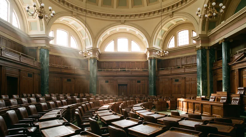 An empty government legislature voting chamber featuring rich wood paneling and rows of leather seats.