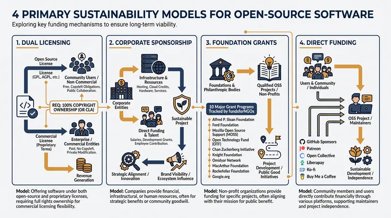 The four primary models used to fund open-source software development.