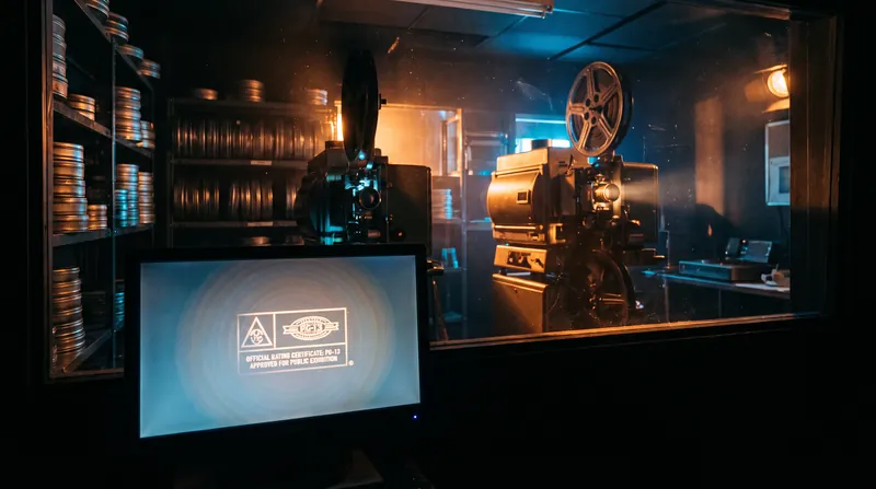 A glowing movie rating certificate projected onto a screen in a dark cinematic projection booth.