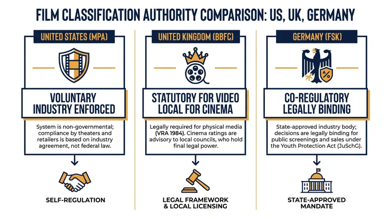 How enforcement mechanisms differ across three major Western film markets.